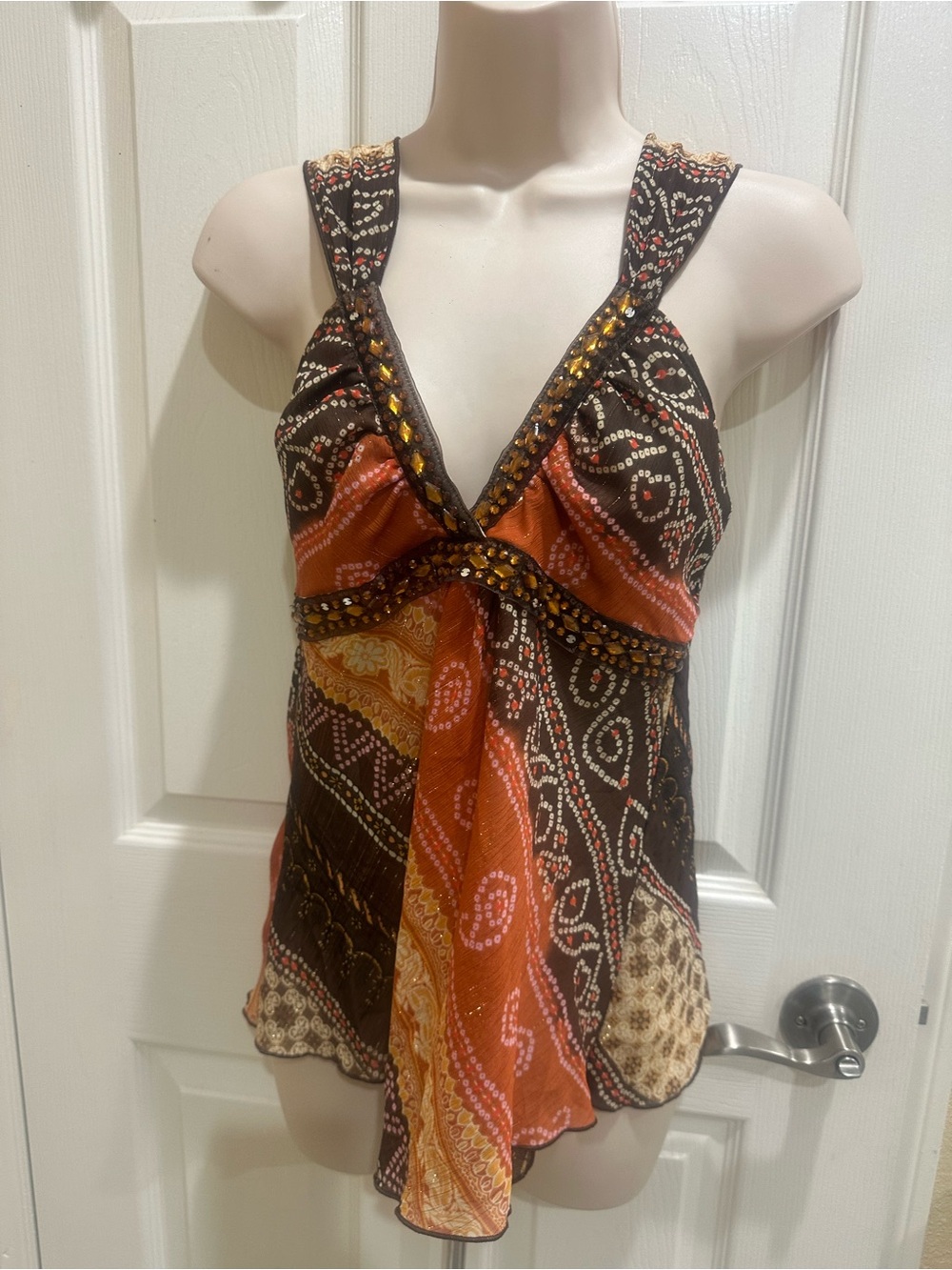 Boho Patchwork Halter Tank Top in Orange and Brown size small - Picture 3 of 4